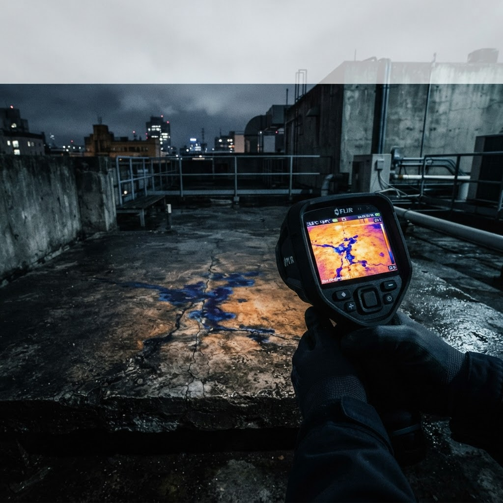 Thermal imaging camera scanning a balcony slab for moisture intrusion