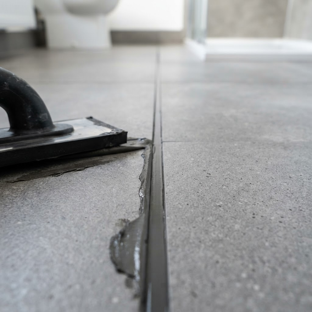 Epoxy grout being applied between large format porcelain tiles