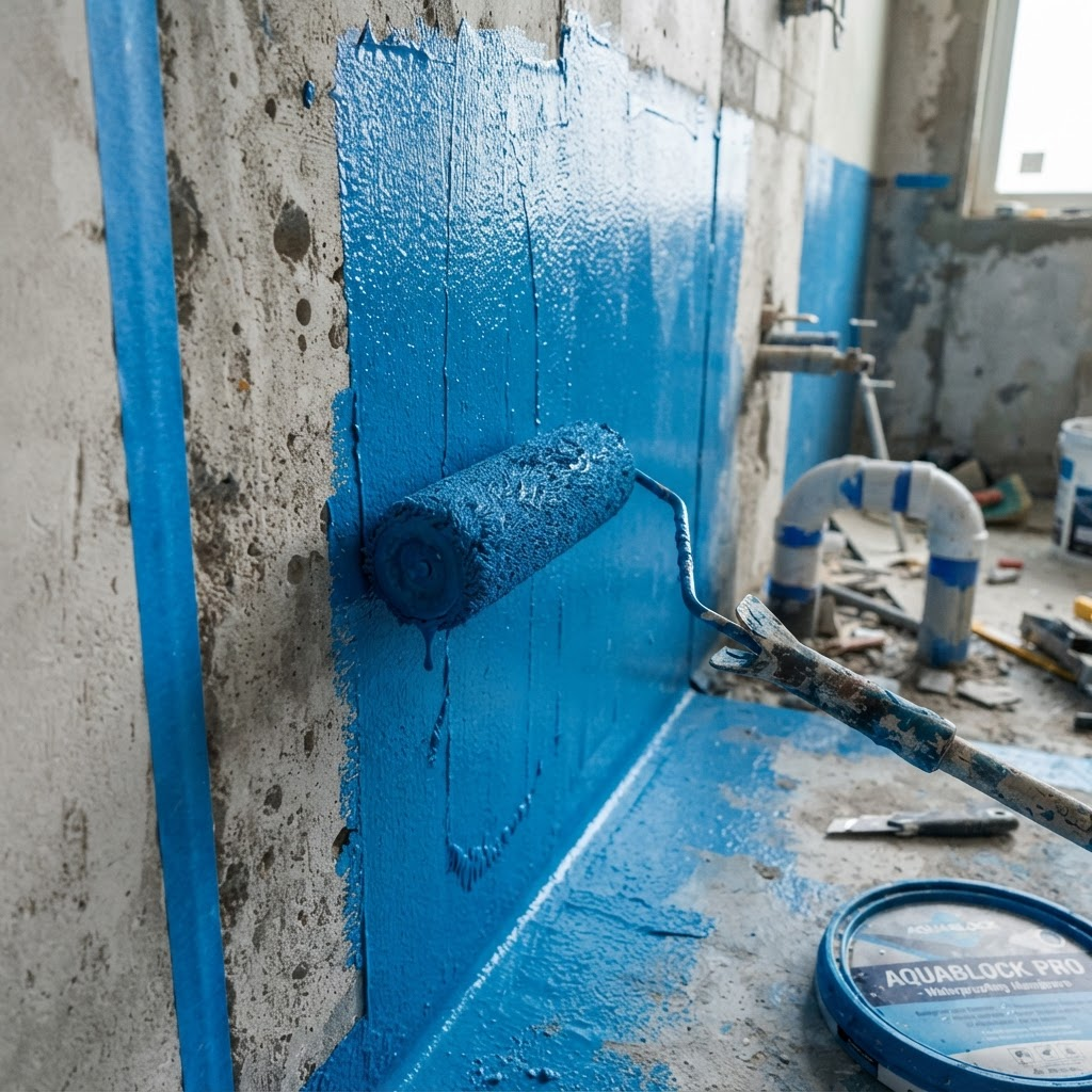 Blue waterproofing membrane being applied to a bathroom substrate